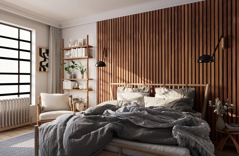 Contemporary Accent Walls with Wood Slats