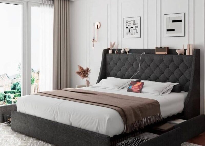 Storage-Friendly Grey Headboard Idea