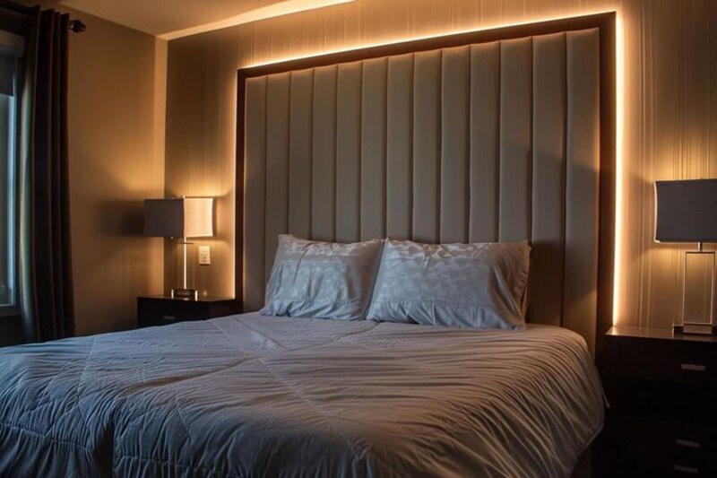 LED-Lit Backdrop over Gray headboard