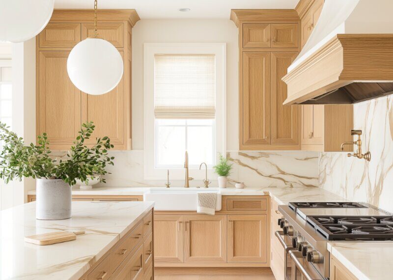 White oak cabinets with Taj Mahal quartzite