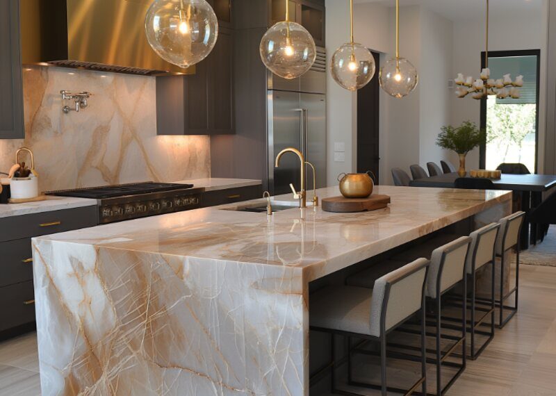 Modern gray and gold kitchen with waterfall island