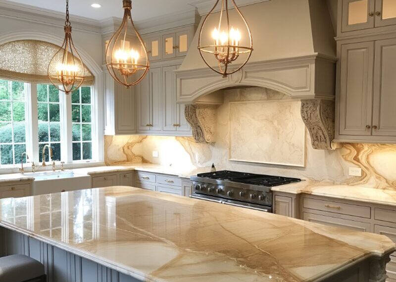 Traditional style kitchen with Taj Mahal quartzite countertops