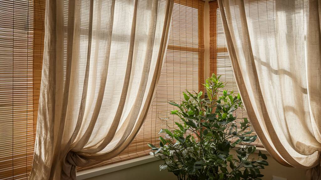 Linen Curtains Over Bamboo Blinds