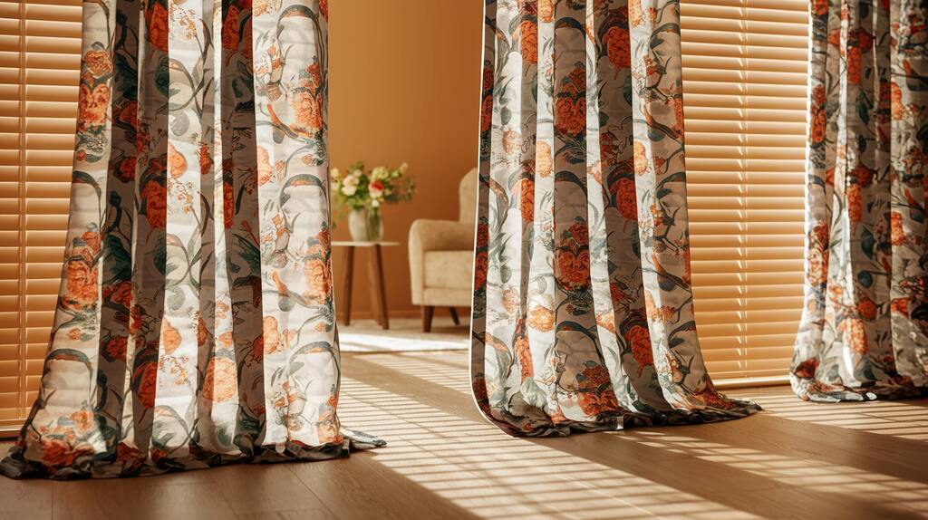 Patterned Curtains Over Neutral Blinds