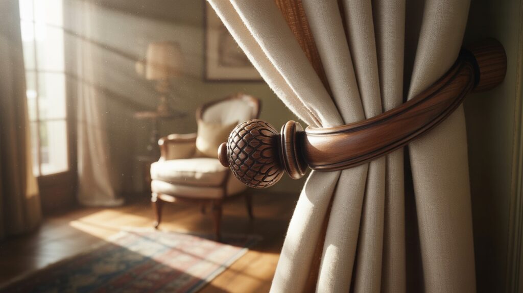 Wooden Holdbacks with Decorative Finials