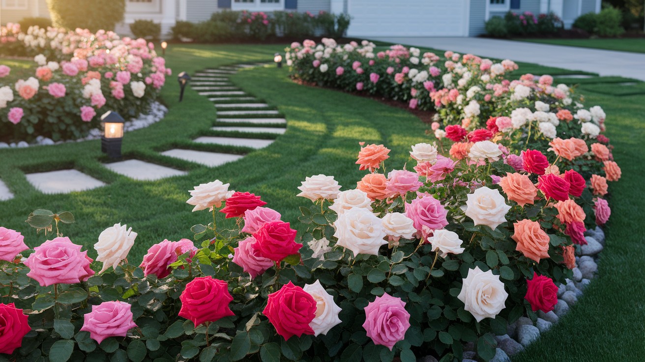 Curved Rose Borders Along the Pathway
