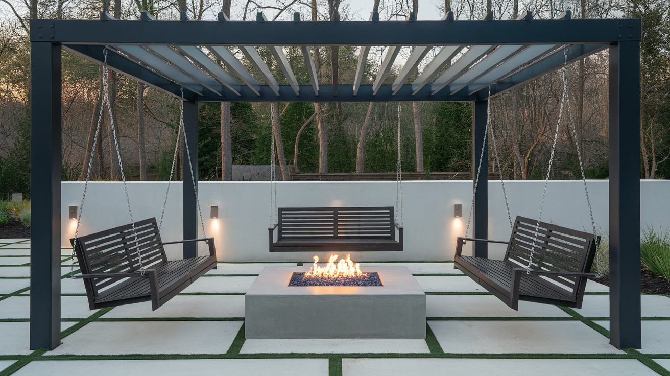 Modern Steel Swing Pergola Fire Pit