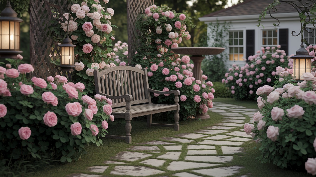 Vintage Rose Garden with Garden Decor