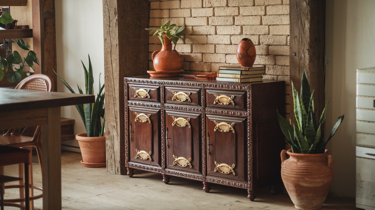 Add a carved wood console as extra kitchen storage