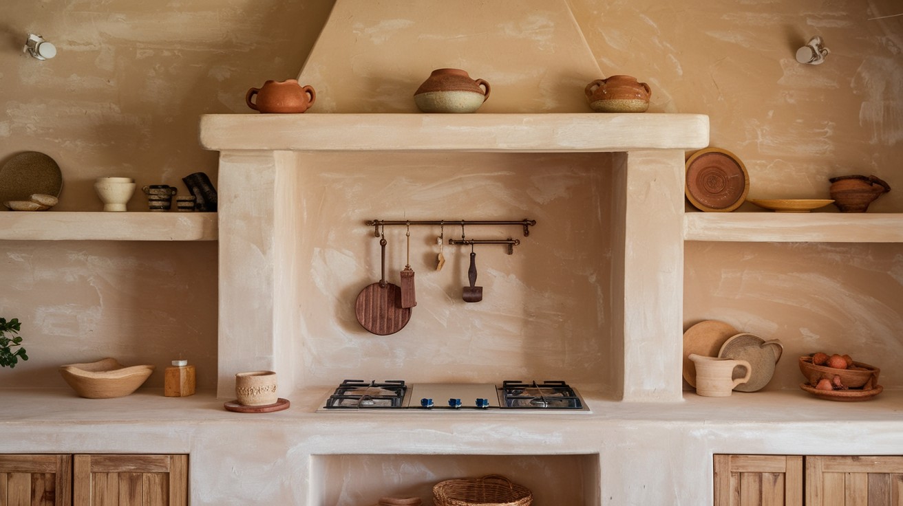  Add a limewash or plaster-textured backsplash wall
