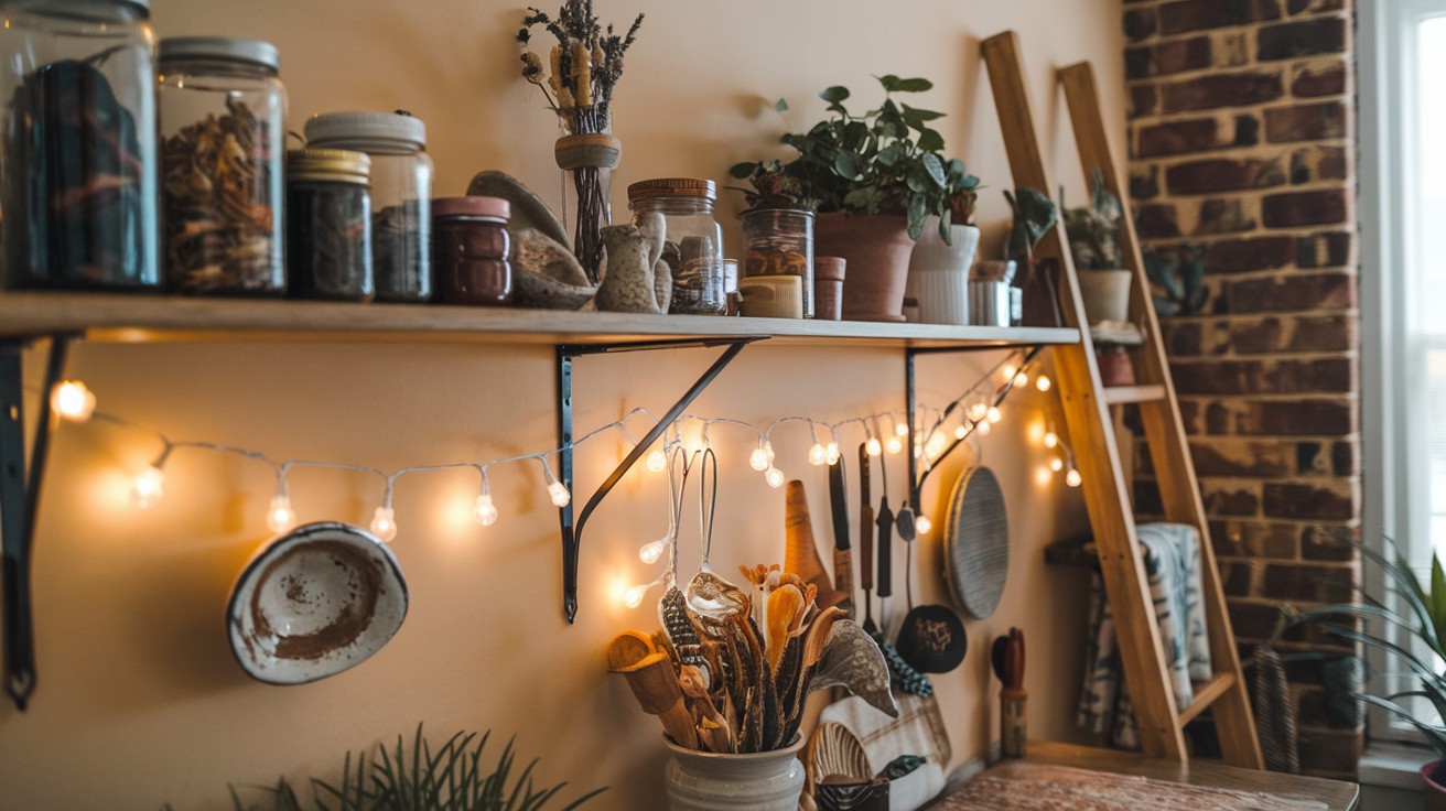 Add fairy lights under shelves for soft ambient glow