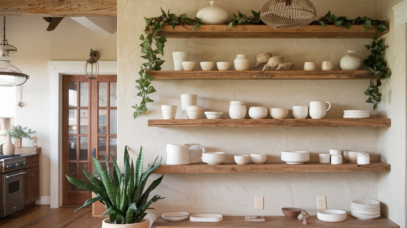Add reclaimed wood open shelving