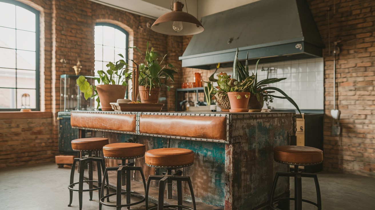 Add recycled metal barstools with leather seats