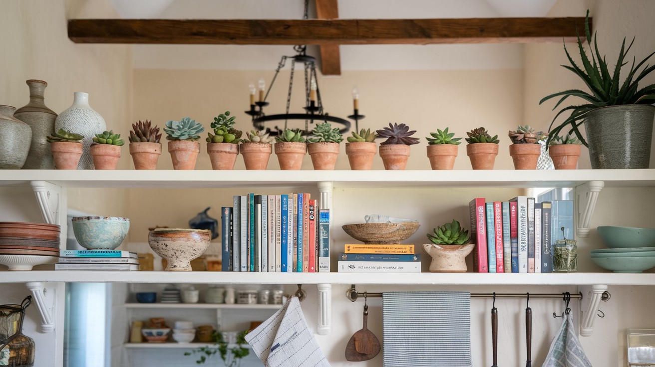 Add small succulents to open shelving for texture