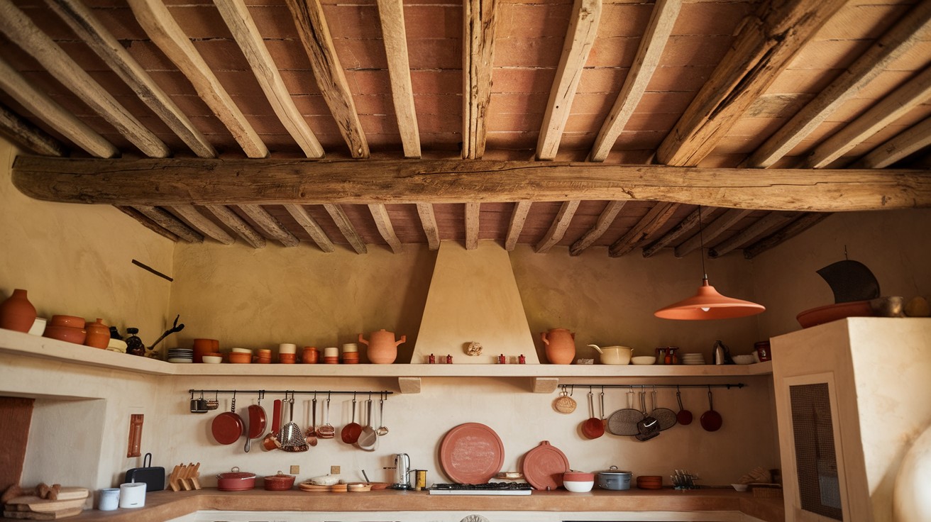 Add textured ceiling beams for depth and warmth