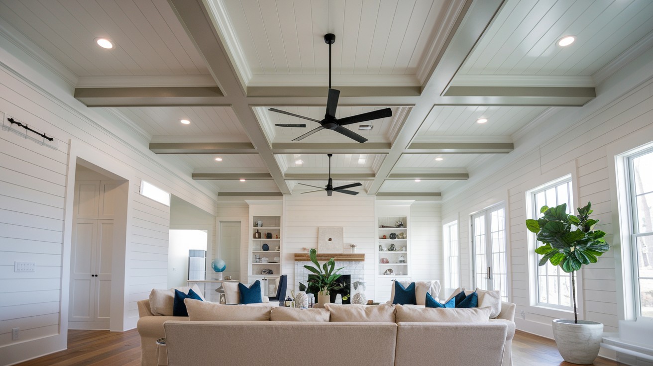 Box Beam Accents on Shiplap Ceiling
