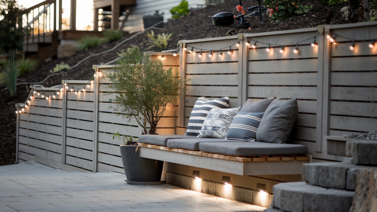  Built-in Horizontal Fence Bench Along Sloped Patio