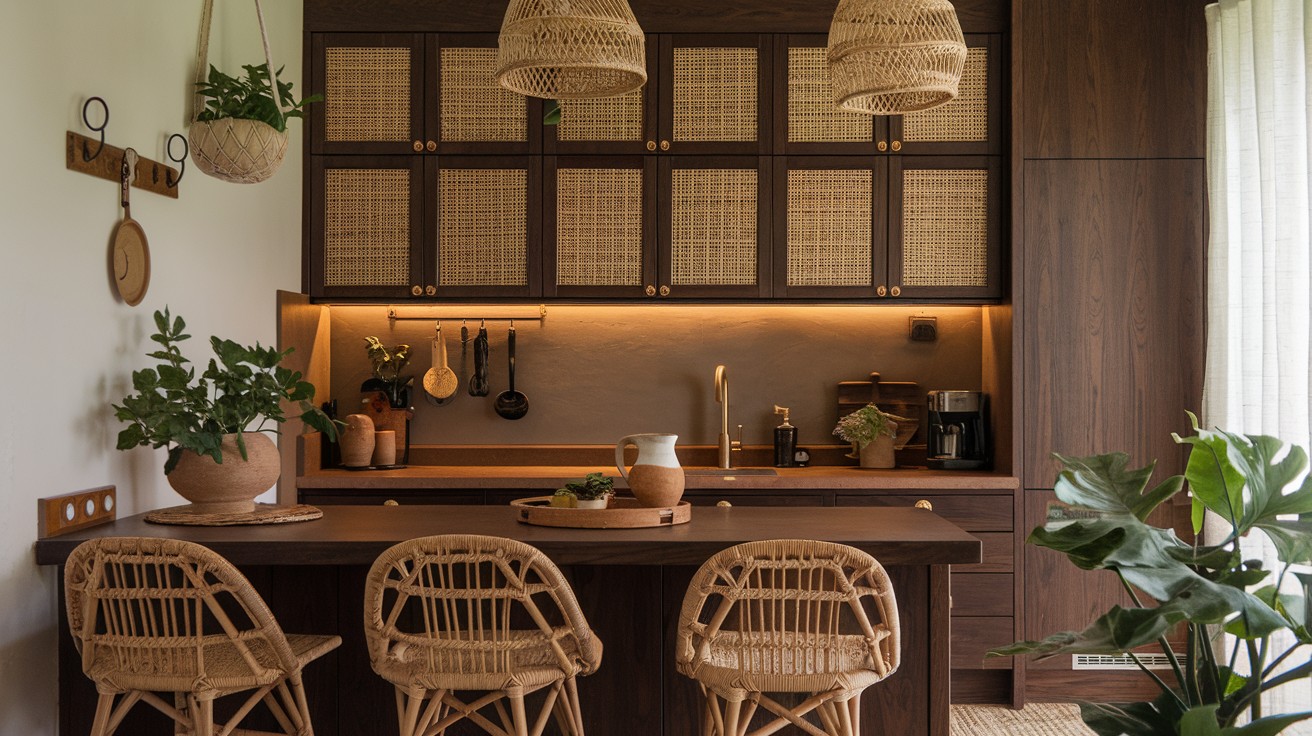 Combine dark wood cabinets with rattan elements