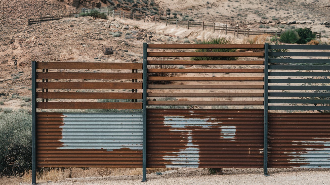  Corrugated Metal and Wood Mix Fence on a Slope