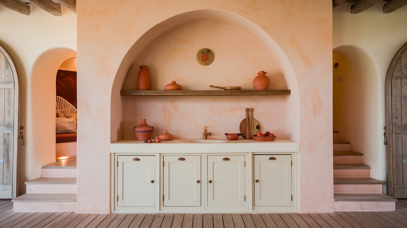 Create a soft peach or clay-colored feature wall