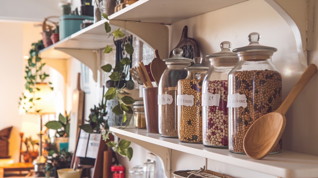 Display thrifted glass jars with dried lentils and spices