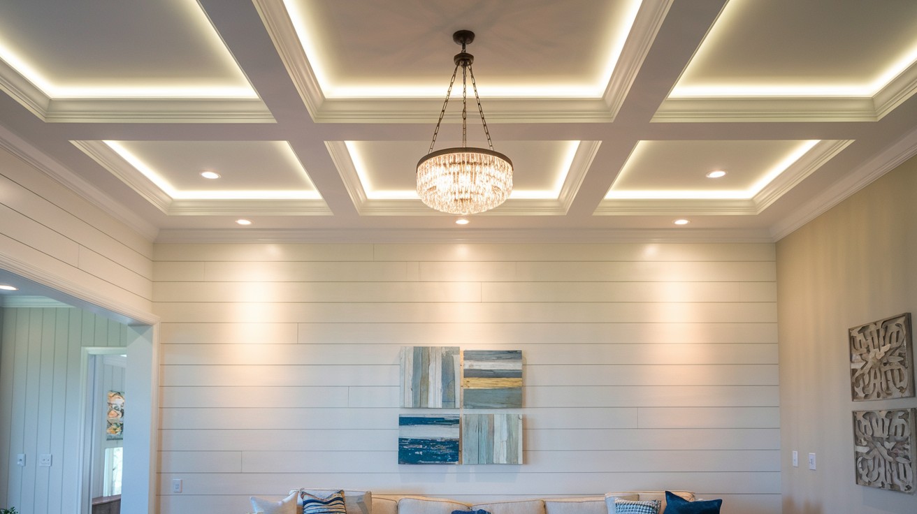 Double Crown Molding on Top of Full Shiplap Walls