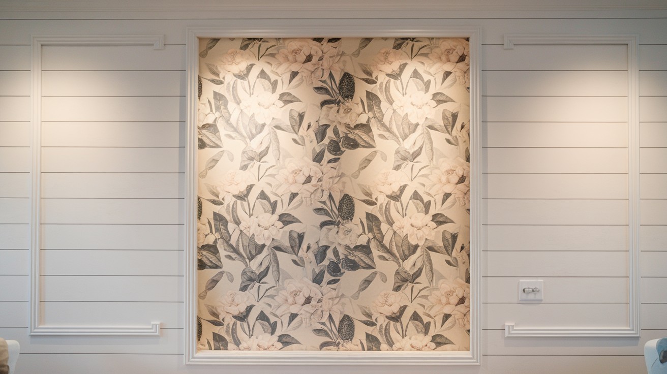 Framed Wallpaper Insert in Shiplap Inset with Trim