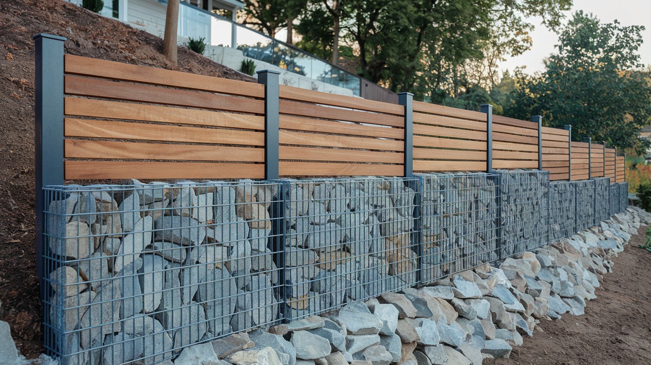 Gabion Base with Wood Horizontal Top for Erosion Control