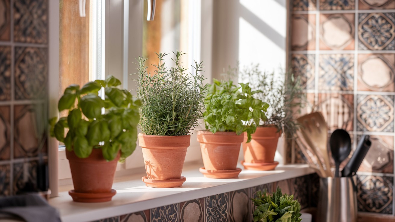  Grow herbs in terracotta pots on the windowsill