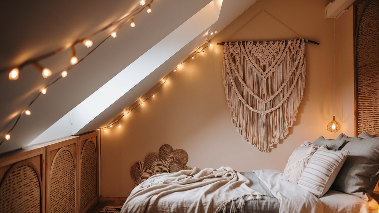 Hang Macramé, Fabric, or String Lights to Soften Lines