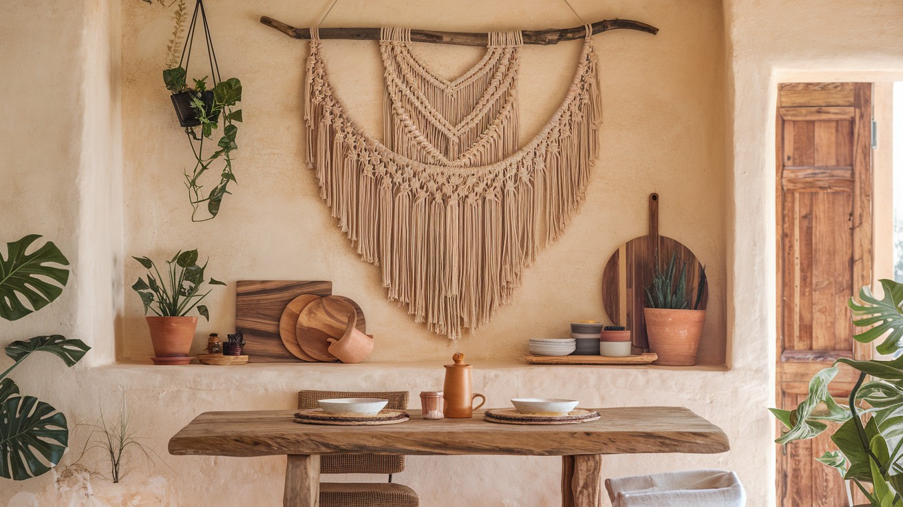 Hang a boho wall hanging or fiber art on a blank wall