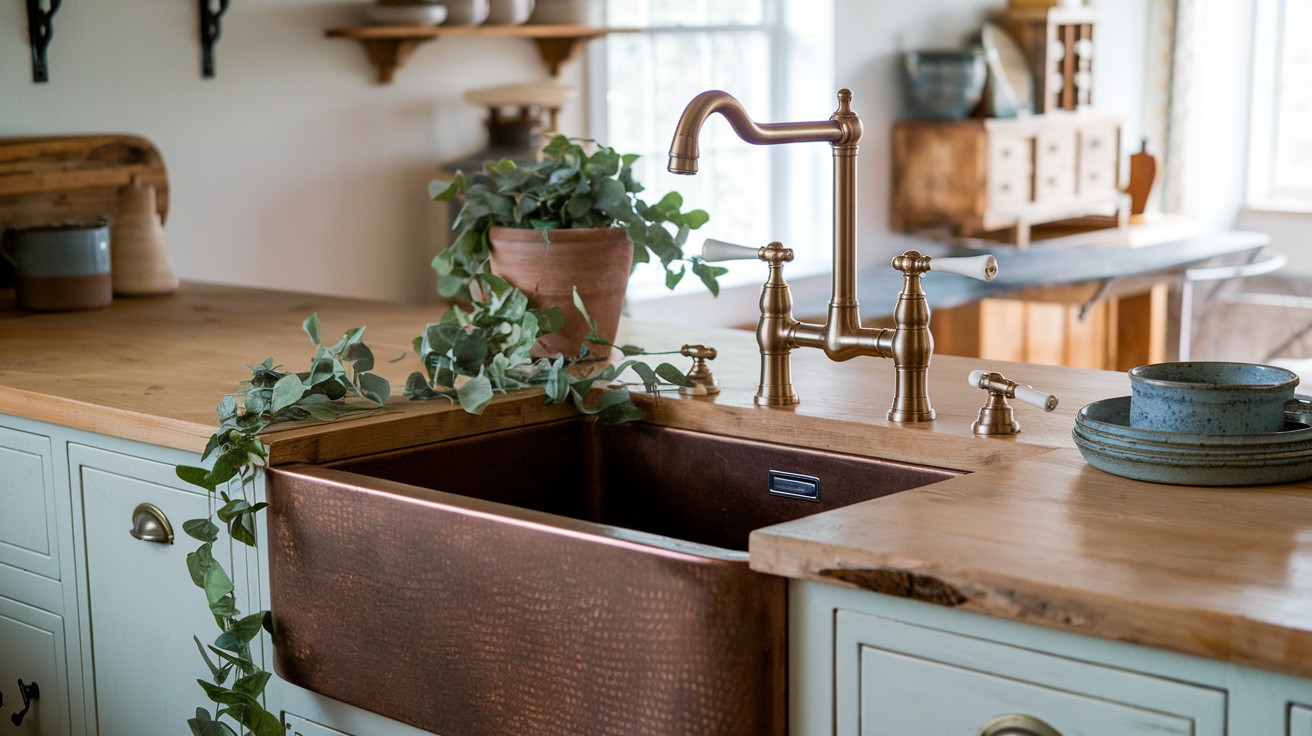  Install a farmhouse sink with bronze or brushed gold fixtures