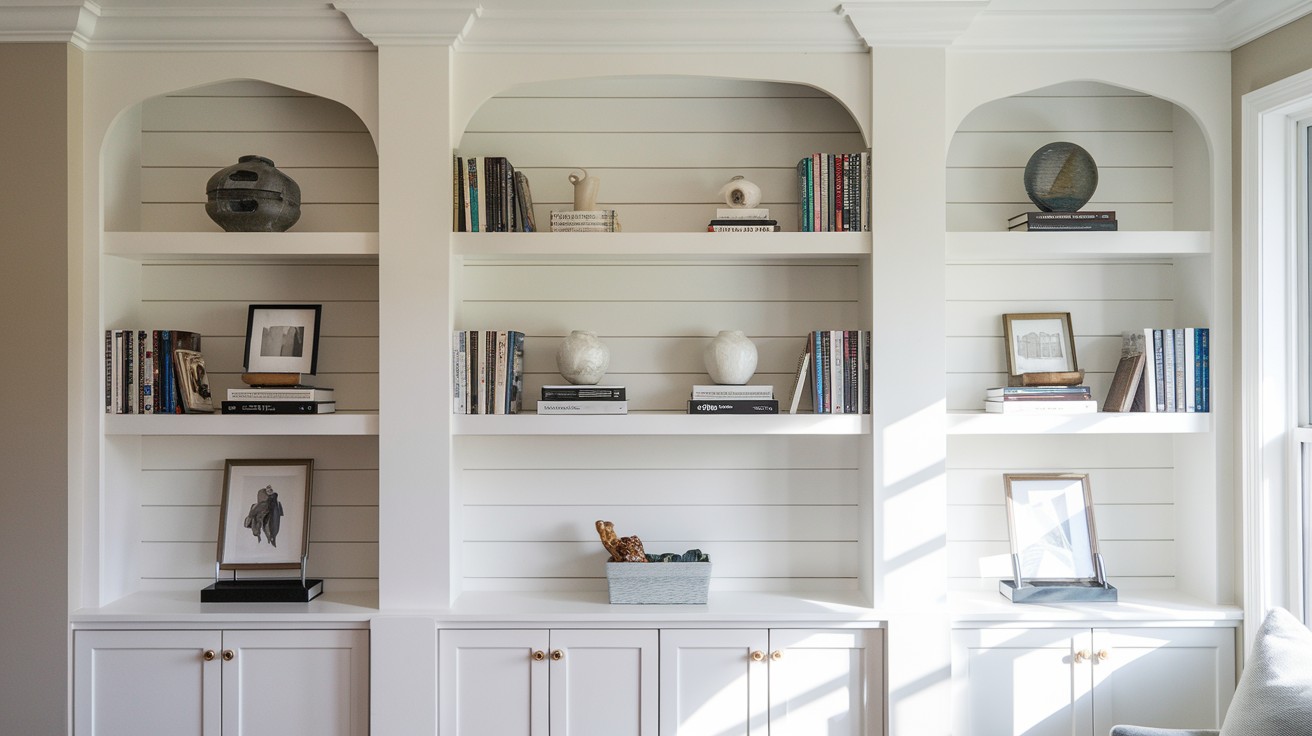 Integrated Shelving Units with Framed Shiplap Backs