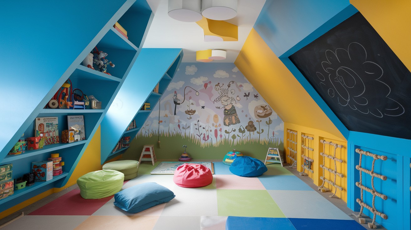 Kids' Play Loft With Angled Shelving and Murals