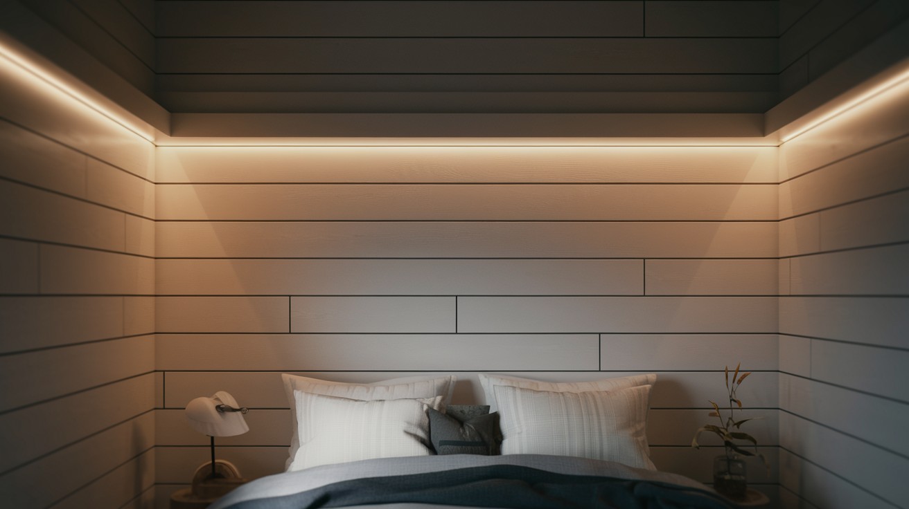 LED Light Strip Trim at the Top of Shiplap Accent Wall