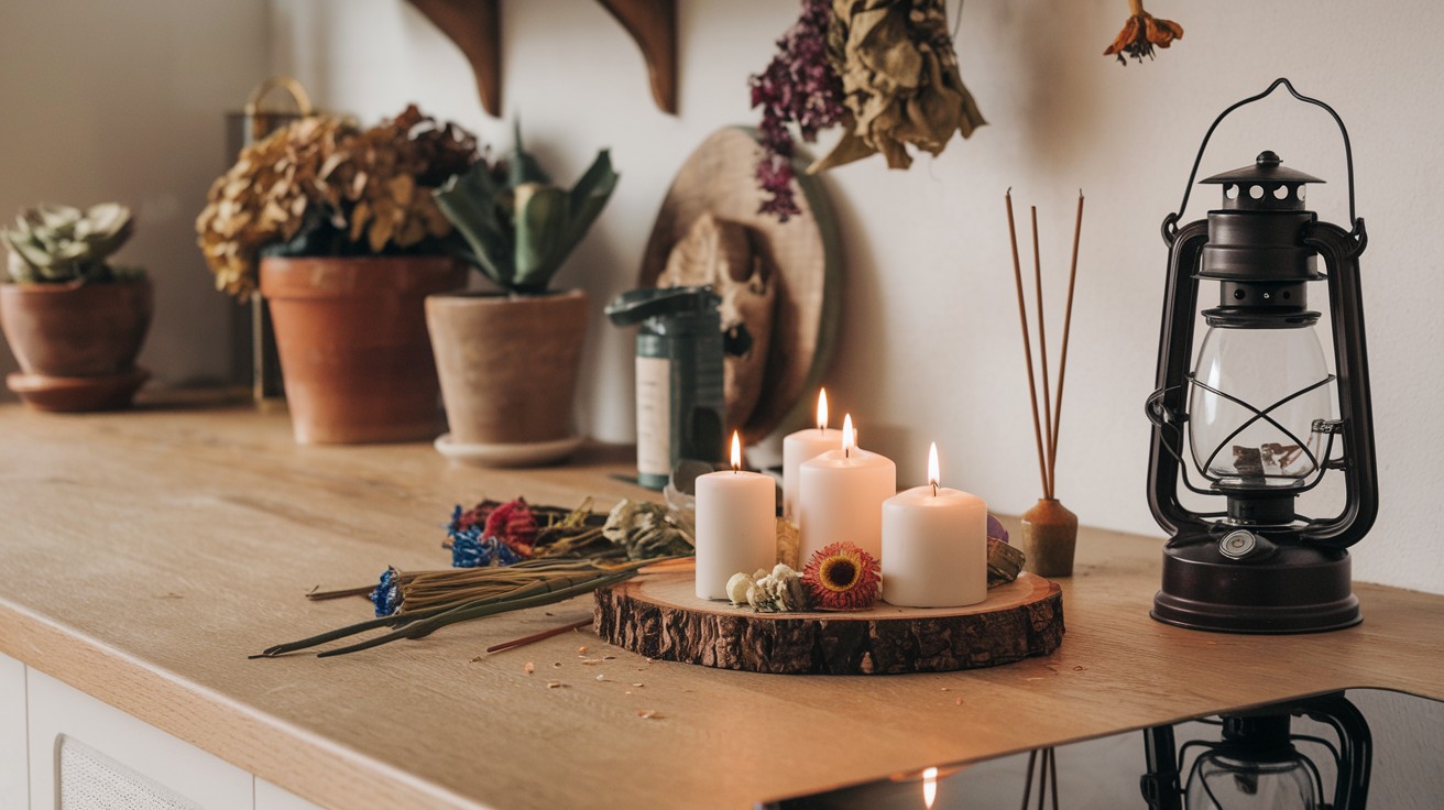 Layer candles and incense holders for scent and ambiance