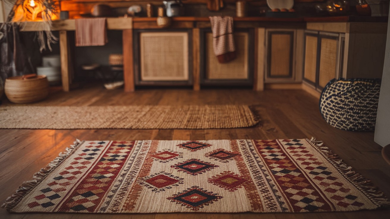 Layer jute or tribal rugs on hardwood or tile