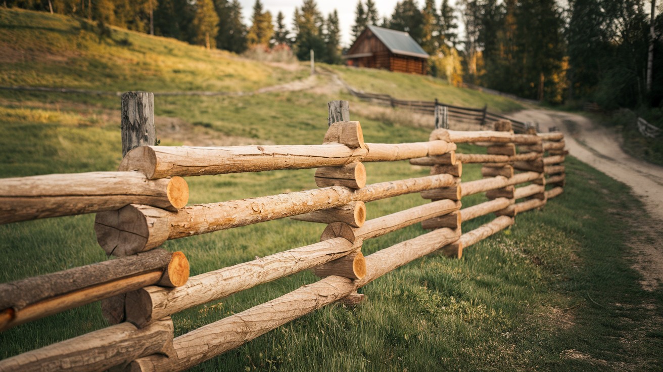 Log-Style Horizontal Fencing on a Rural Slope