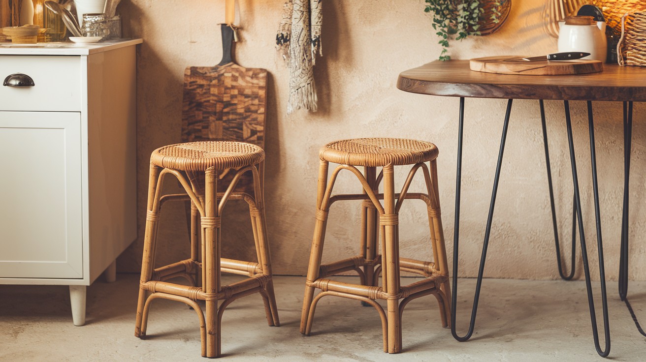 Mix rattan stools with industrial table legs