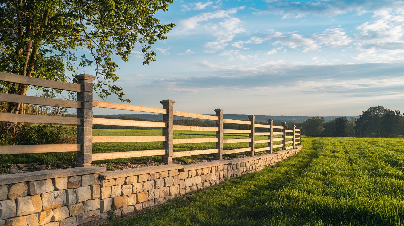 Mixed-Material Fence: Stone at Base, Horizontal Planks on Top