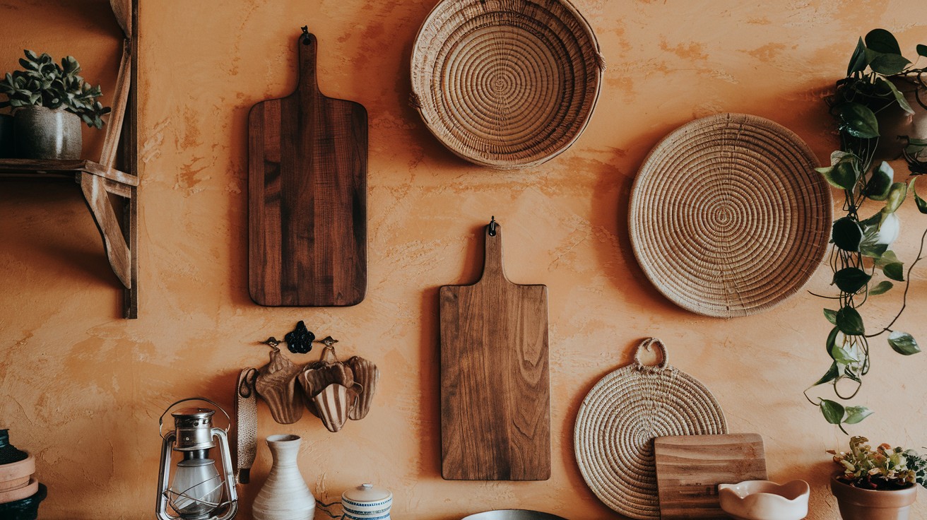  Mount wooden cutting boards or woven baskets as decor