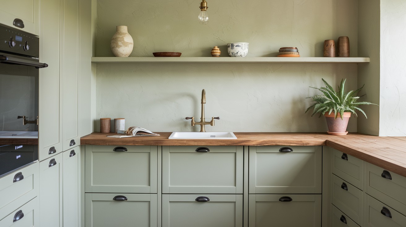 Paint cabinets sage green with matte black hardware