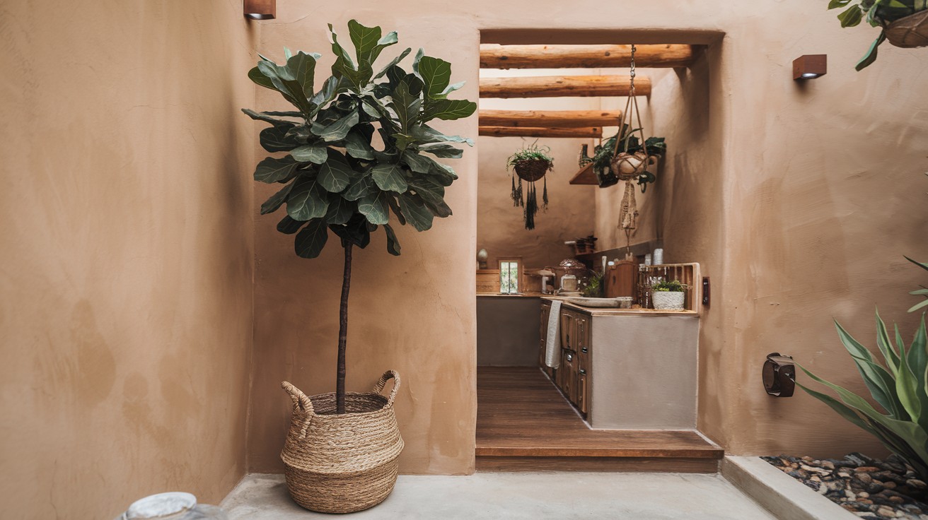 Place a fiddle leaf fig or olive tree near the kitchen entrance