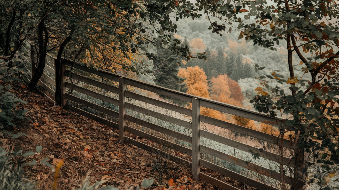 Rail and Board Fence Blending into a Forested Slope