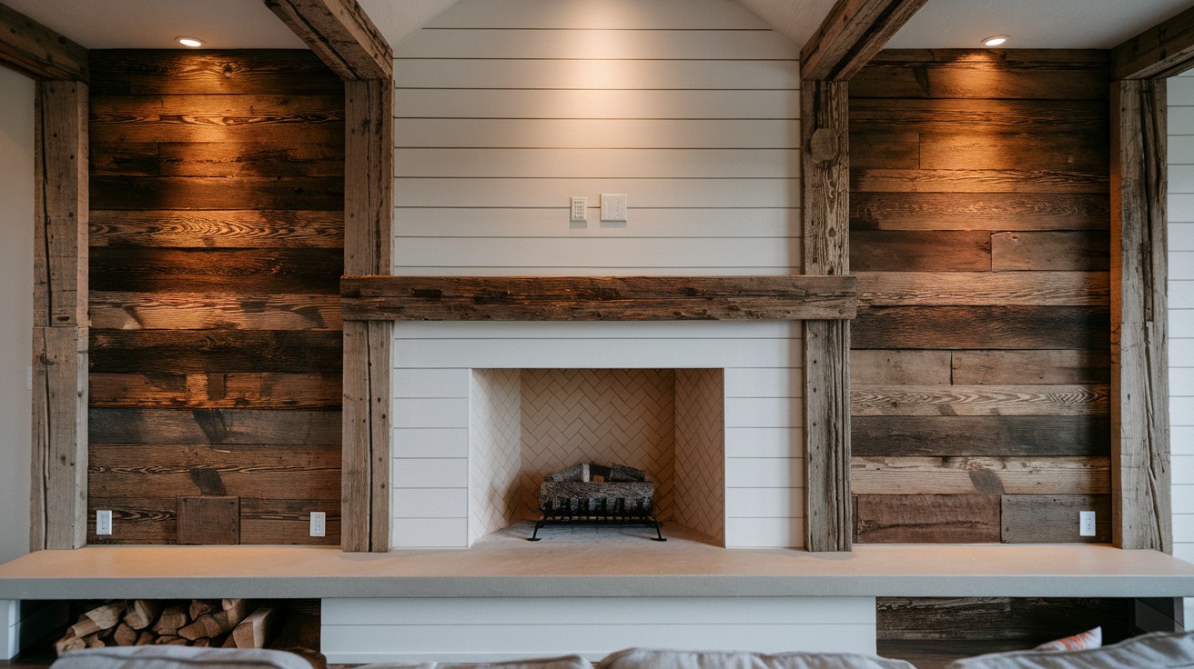 Rustic Barnwood Frame Around Shiplap Fireplace