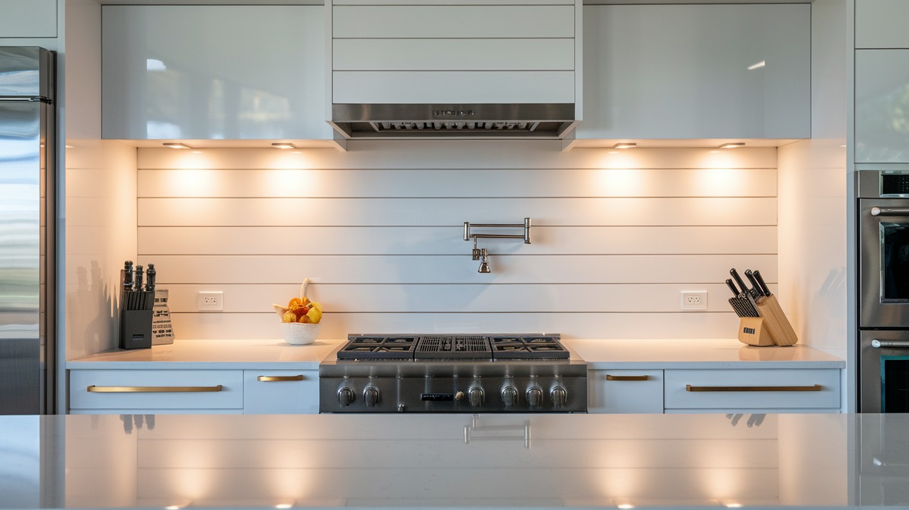Shiplap Backsplash with Thin Metal Trim in Kitchens