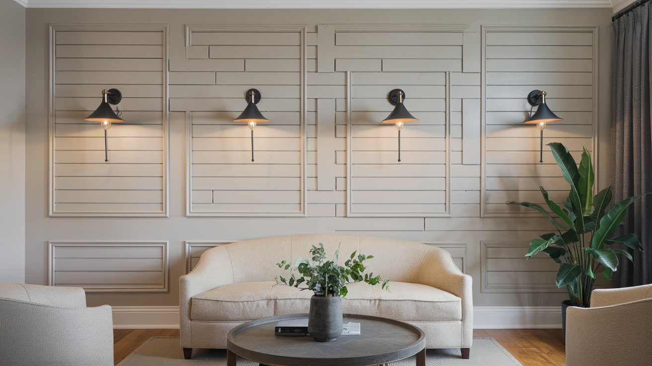 Shiplap Wall Frames with Built-in Sconces and Trim