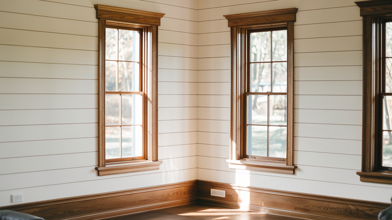 Stained Oak Trim with White Shiplap Walls