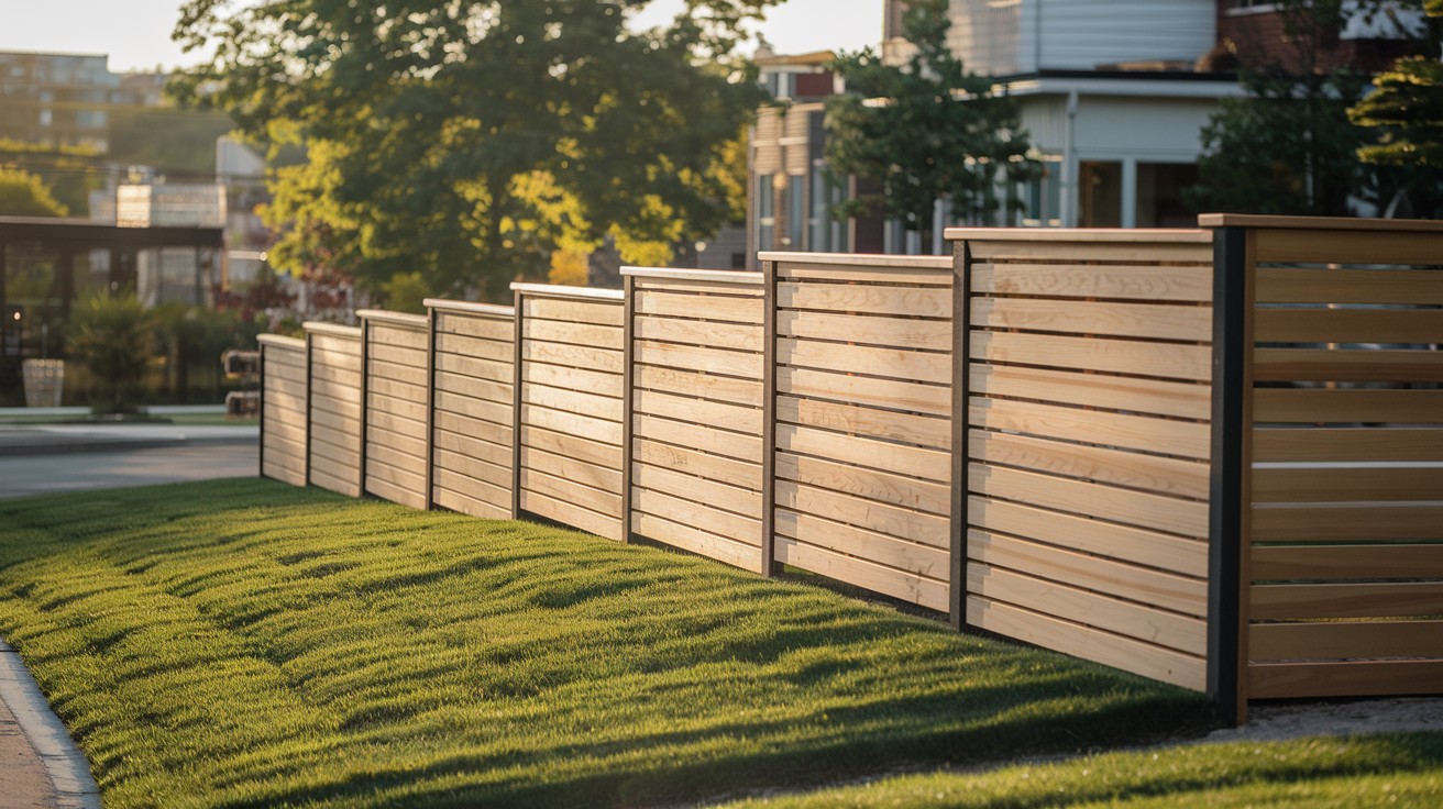. Stepped Cedar Horizontal Fence with Black Steel Posts