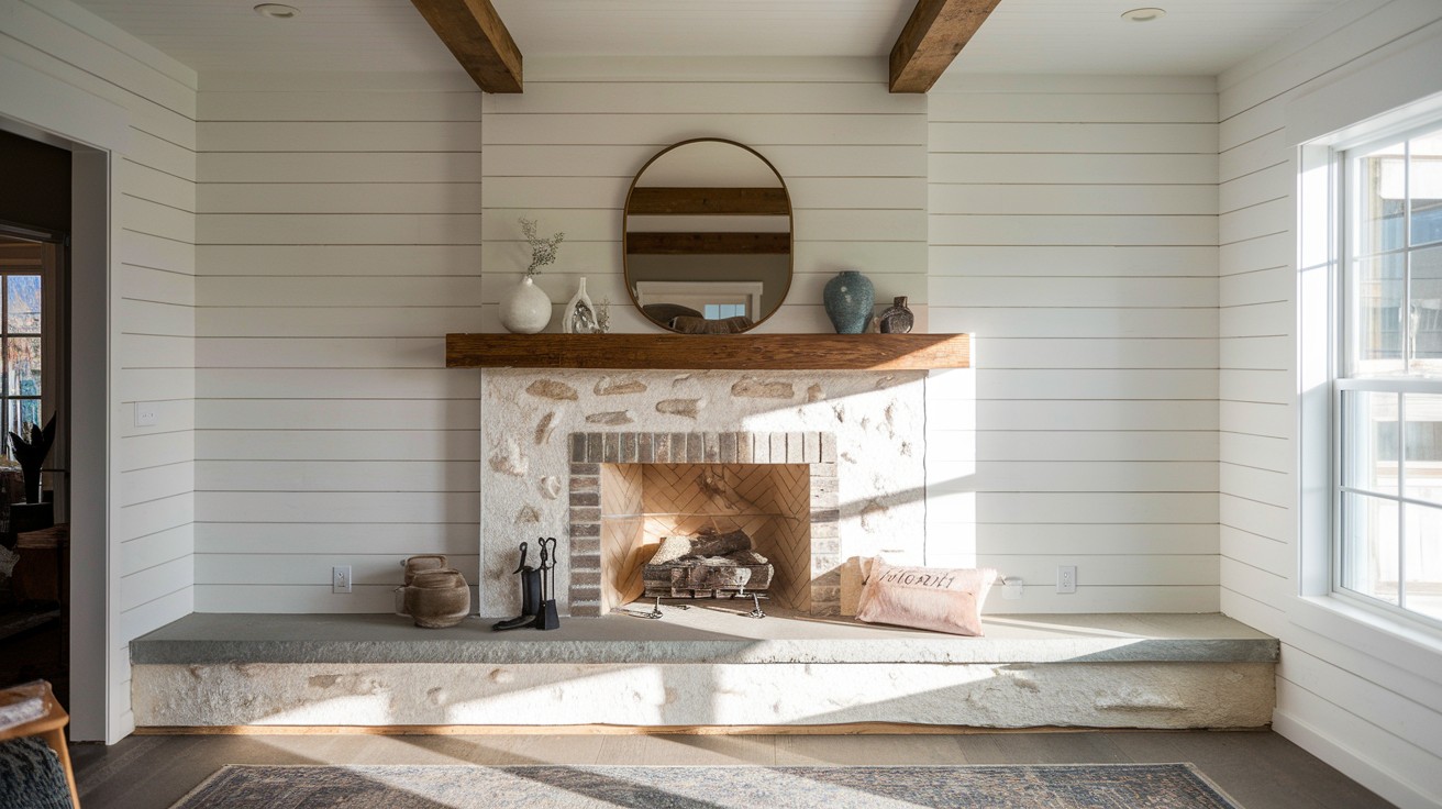  Stone or Brick Edge Border Around Shiplap Fireplace